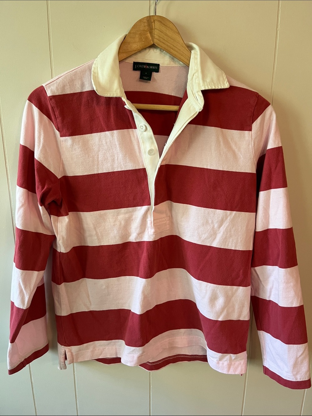 J. Crew Women’s Burgundy & Light Pink Striped Rugby Shirt with White Collar